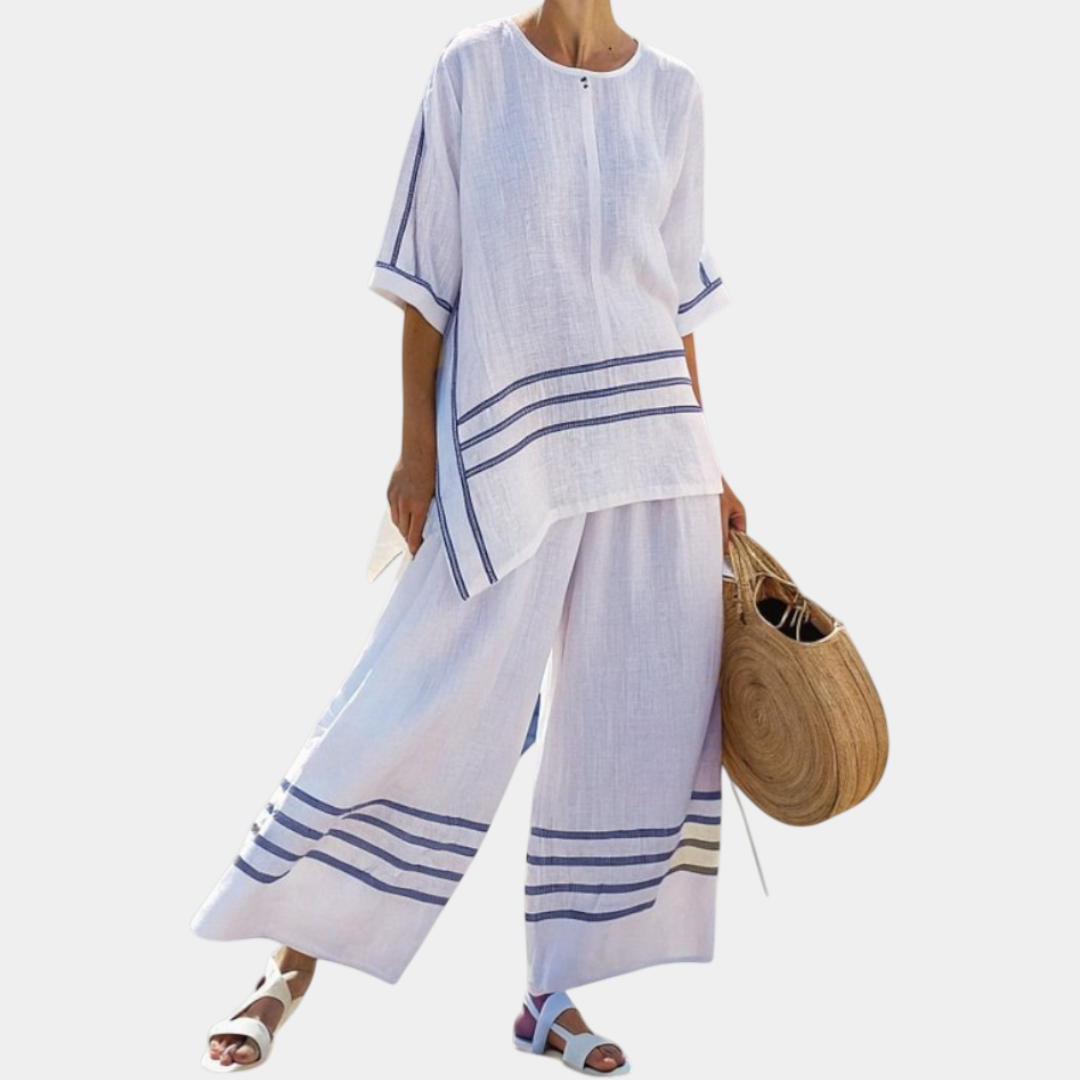 Vittorina | Haut asymétrique à rayures sophistiqué et pantalons audacieux