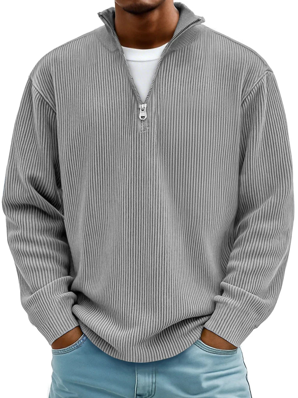 DELACROIX | PULL CLASSIQUE EN MAILLE CÔTELÉE DEMI-ZIP POUR HOMME
