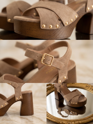 Sandales Gaia — taupe, brides croisées et clous dorés