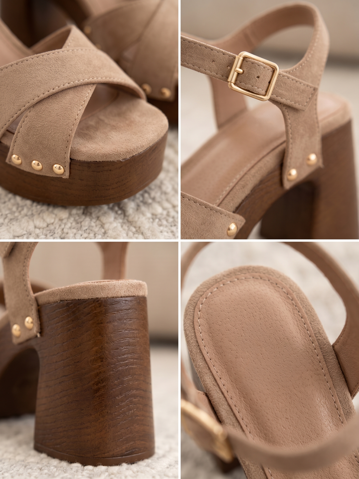 Sandales Gaia — taupe, brides croisées et clous dorés