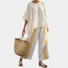 Arianna | Top elegante às riscas amarelas e calças de perna larga